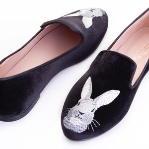 French Sole Hefner Black Velvet Bunny Embroidery Flats